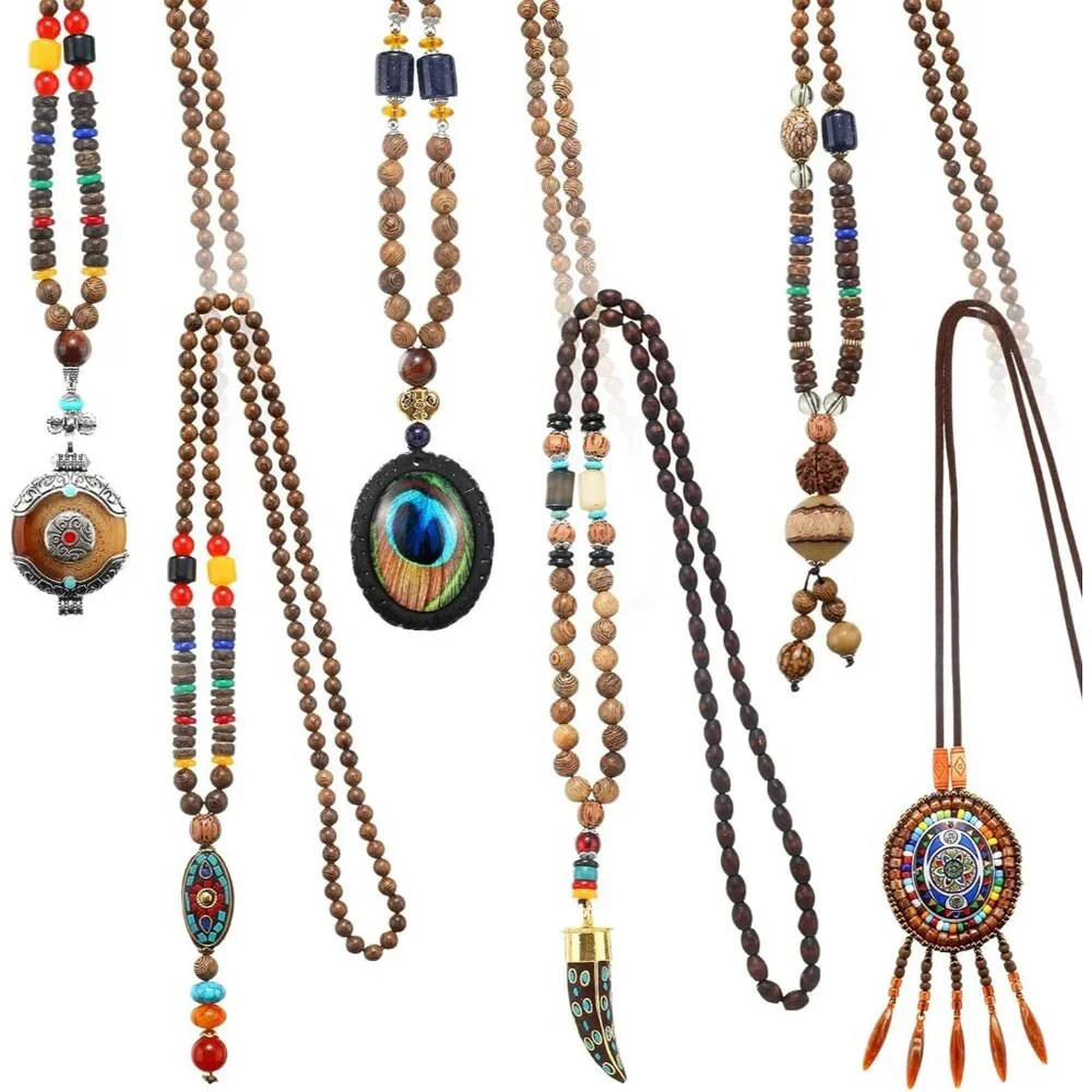 6 Pcs Boho Long Necklaces for Women Vintage Wooden Necklace Handmade Retro Nepal